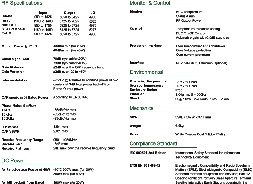 Ultra-Compact 40W C-Band BUC Agilis Specifications