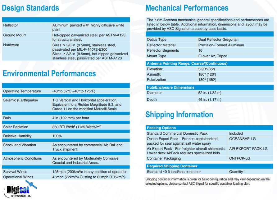 ASC Signal 7.6M Earth Station Specifications