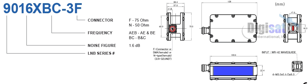 Norsat 9016XBC-3 LNB Outline Dimensions and Frequency Specifications