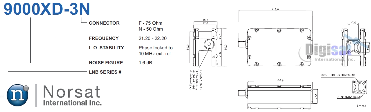 Norsat 9000XD-3 LNB frequencies and outline dimensions diagram