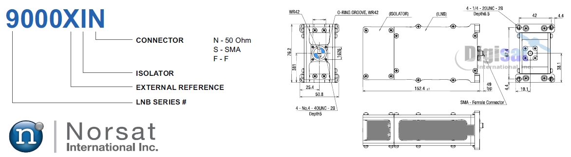 Norsat 9000XI LNB configuration and outline dimensions diagram