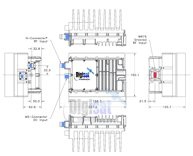 Norsat Element 8W Selectable Ku-Band BUC 1081XRTS Outline Dimensions