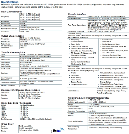 Radyne SFC1275A Specifications