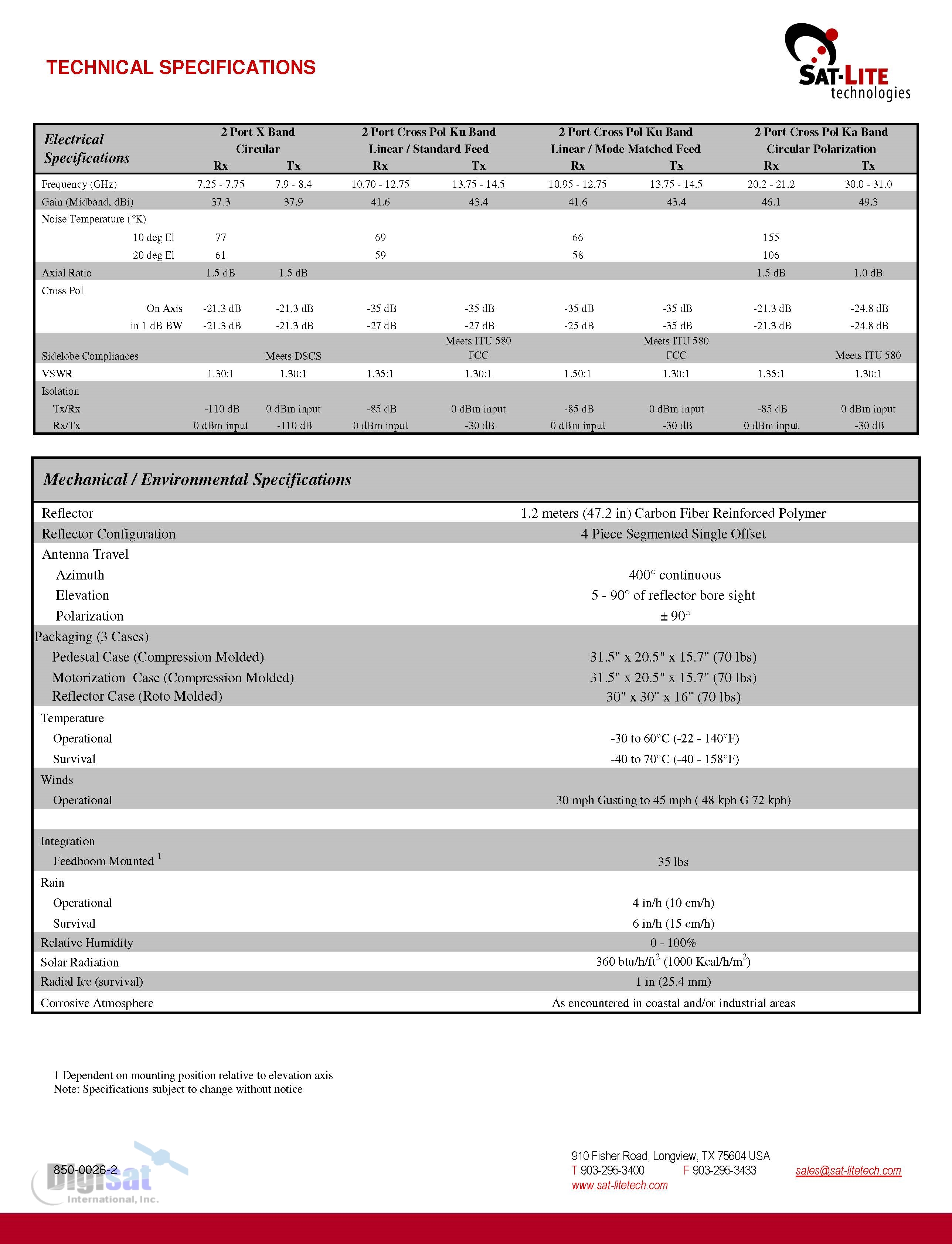 Sat-Lite 1231 motorized flyaway VSAT specifications page 2