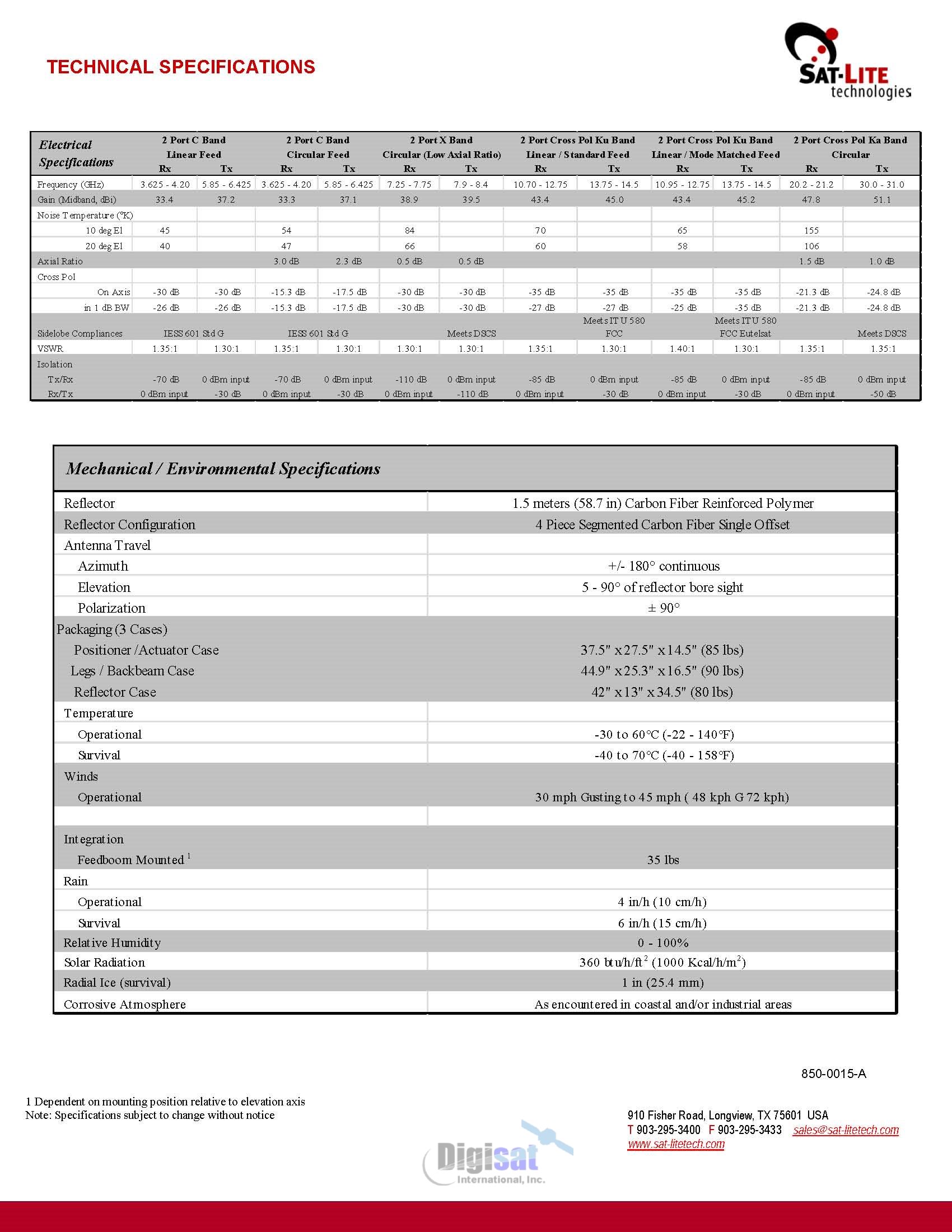 Sat-Lite 1531 motorized flyaway VSAT specifications page 2