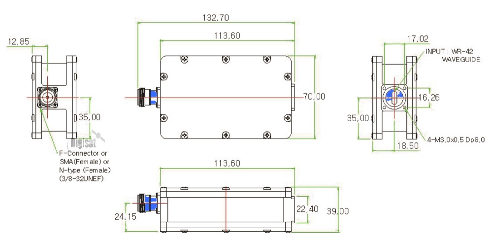 Norsat 9000HX-O3B-ABSF Ka-Band LNB Outline Dimensions