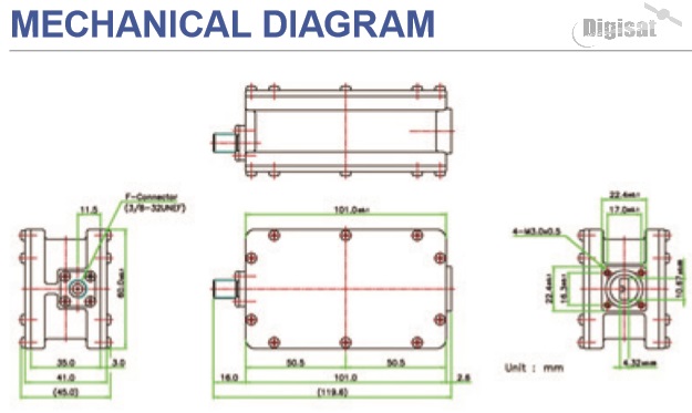Norsat 9000XB-4 LNB Mechanical Outline Dimensions