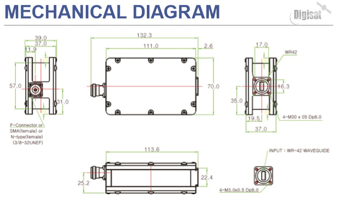 Norsat 9000XT-3 LNB Mechanical Dimensions Diagram