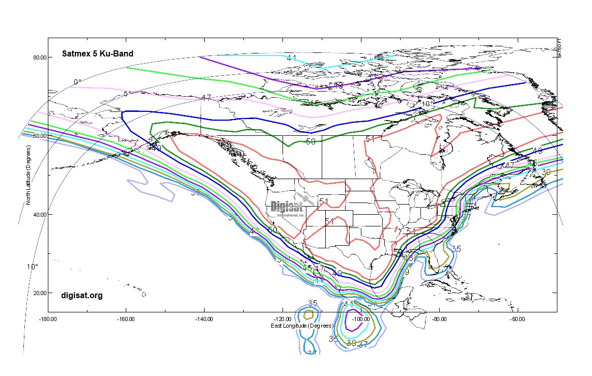 Satmex 5 Satellite Coverage area map for Ku-Band